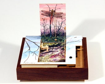 Dragonfly Surprise - desktop kinetic sculpture, amazing mechanism, hand cranked automata