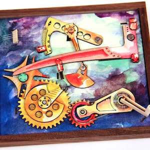 The Strum-u-lator MechaniCard - handgekurbelt, Gitarrenspiel, kinetische Automaten aus Holz, Nussbaum basis