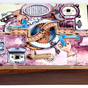 May include: A mixed-media artwork featuring a complex mechanical design with gears, levers, and arrows. The piece is set within a wooden frame. The artwork incorporates watercolor and ink, with text elements including "PERNITZ" and "AFLURATUM".