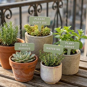以下が含まれることがあります： テラコッタとコンクリートの鉢に入った5つの植物。それぞれに薄緑色の長方形の植物用マーカーが挿されています。マーカーには白い文字で「PLEASE DON'T DIE」「I WILL SURVIVE」「WATER ME」「PLANT ADDICT」と書かれており、様々なハーブや多肉植物を識別しています。