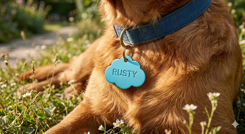 May include: A golden-brown dog wearing a blue fabric collar with a brass ring attachment. Attached to the collar is a light blue, cloud-shaped pet identification tag with the name RUSTY embossed in capital letters on the front surface.