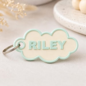 Pu&ograve; includere: Un portachiavi a forma di nuvola con il nome "RILEY" in lettere azzurre. Il portachiavi ha un centro color crema chiaro con un bordo azzurro e un portachiavi argentato.