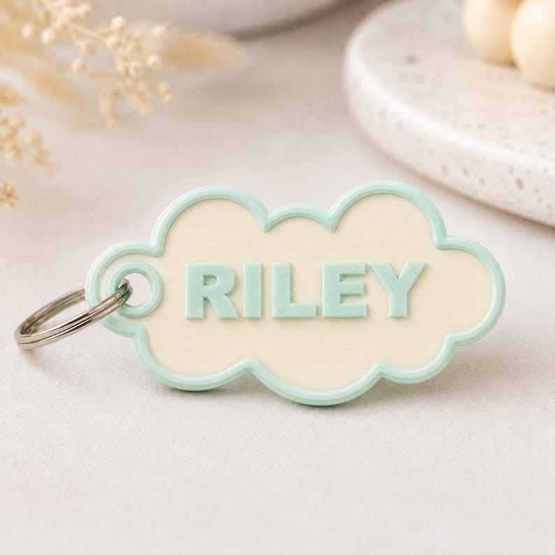 Pu&ograve; includere: Un portachiavi a forma di nuvola con il nome "RILEY" in lettere azzurre. Il portachiavi ha un centro color crema chiaro con un bordo azzurro e un portachiavi argentato.