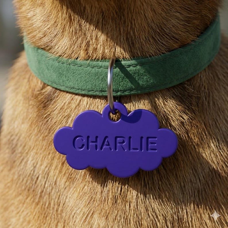 May include: A dark green suede pet collar featuring a purple cloud-shaped metal identification tag. The tag is attached to the collar with a silver-toned metal ring and has the name CHARLIE embossed in capital letters on the front surface.