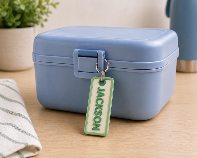 May include: A light blue lunch box with a matching latch and a green and white tag that reads "JACKSON". The lunch box is rectangular and sits on a light wood surface. A small plant in a white pot is in the background.