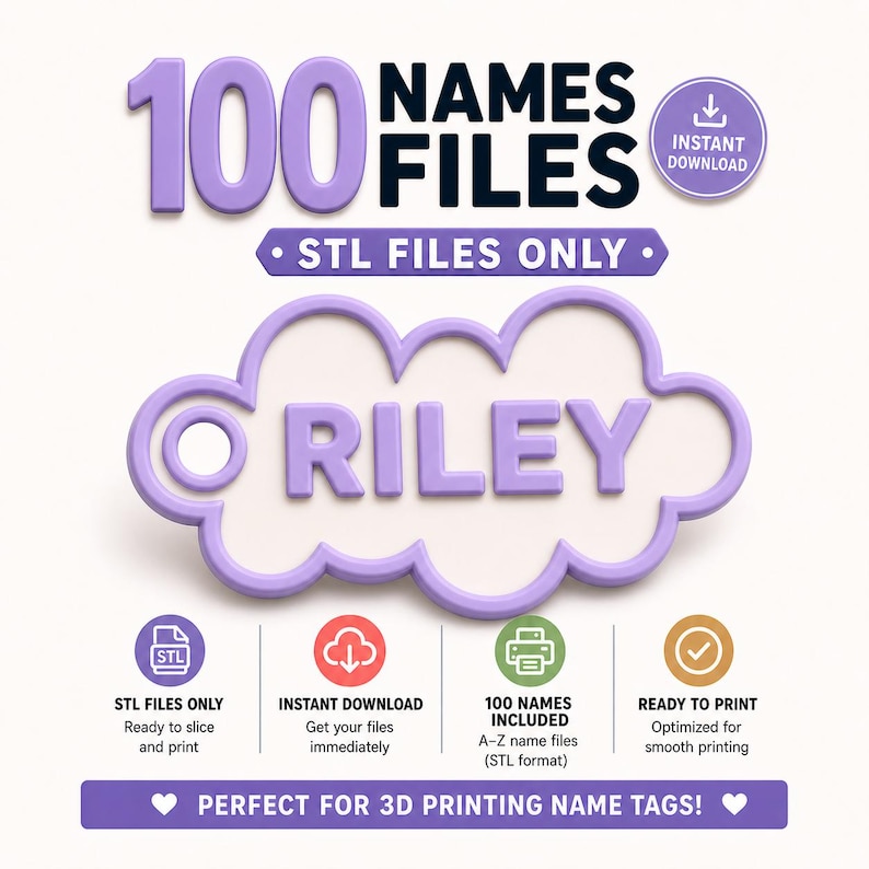 Pu&ograve; includere: Grafica digitale con il testo "100 NAMES FILES" in viola, con "RILEY" in un design a forma di nuvola. Include icone per file STL, download immediato, 100 nomi e pronto per la stampa. Testo: "PERFECT FOR 3D PRINTING NAME TAGS!"