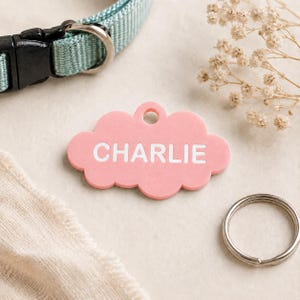 May include: A light pink cloud-shaped pet ID tag with the name CHARLIE printed in white capital letters. The tag features a small circular hole at the top for attachment and is accompanied by a separate silver metal split ring for a collar.