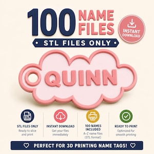 Pu&ograve; includere: Etichetta con nome rosa stampata in 3D con il nome "Quinn" a forma di nuvola. L'immagine include il testo "100 file di nomi" e "SOLO file STL". Le icone indicano il download immediato e le funzioni pronte per la stampa.