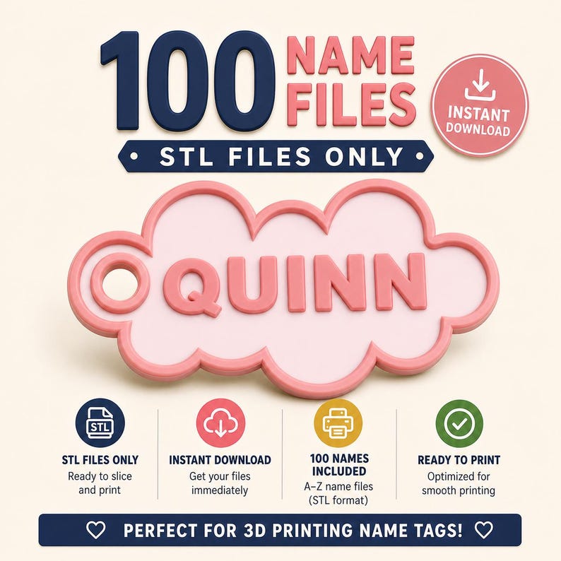 Pu&ograve; includere: Etichetta con nome rosa stampata in 3D con il nome "Quinn" a forma di nuvola. L'immagine include il testo "100 file di nomi" e "SOLO file STL". Le icone indicano il download immediato e le funzioni pronte per la stampa.