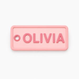 May include: A rectangular, light pink name tag with rounded corners. The name "OLIVIA" is displayed in raised, darker pink letters. A small, circular detail is on the left side of the tag.