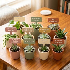 May include: A collection of small potted succulents and houseplants, each featuring a colorful rectangular plant marker with text including "Please Don't Die," "Growing Pains," "I Will Survive," "Leaf Me Alone," "Look But Don't Touch," "Not Dead Yet," "Plant Addict," "Survivor," "Water Me," and "Wet My Plants."
