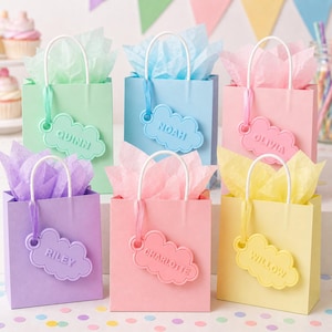 Pu&ograve; includere: Sei sacchetti regalo dai colori pastello con manici bianchi ed etichette a forma di nuvola. Ogni sacchetto &egrave; riempito con carta velina in colori coordinati. I nomi Quinn, Noah, Olivia, Riley, Charlotte e Willow sono visualizzati.