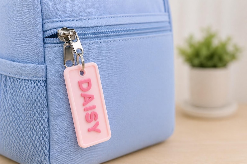 May include: Close-up of a light blue backpack with a silver zipper and a pink rectangular tag. The tag reads "DAISY" in raised pink letters. A small mesh pocket is visible on the side of the backpack.