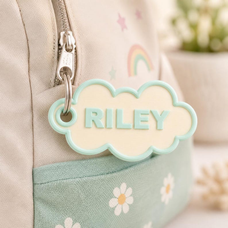 Pu&ograve; includere: Uno zaino beige chiaro con un motivo floreale verde menta e bianco. Un'etichetta a forma di nuvola con il nome "RILEY" in verde menta &egrave; appesa alla cerniera. L'etichetta ha un bordo verde menta e un centro color crema.