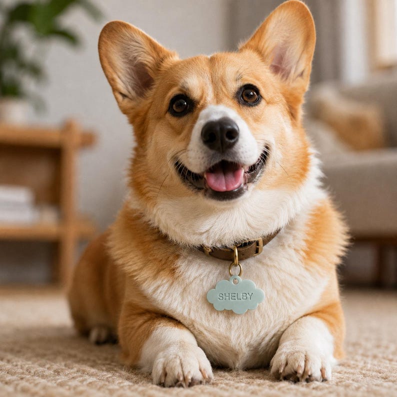 May include: A Pembroke Welsh Corgi with tan and white fur wearing a dark brown leather collar with a light blue cloud-shaped pet tag. The tag features the name SHELBY embossed in capital letters. The dog is lying down with a happy expression.
