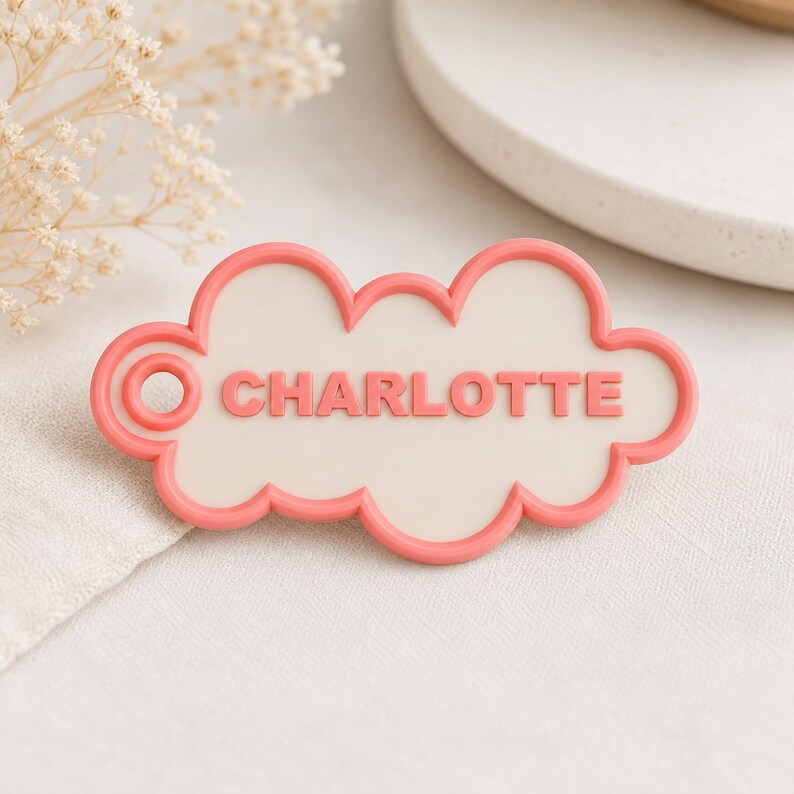 Pu&ograve; includere: Un'etichetta a forma di nuvola con il nome "CHARLOTTE" in lettere rosa. Il tag ha un centro bianco e un bordo rosa. Lo sfondo &egrave; di un colore neutro e morbido.