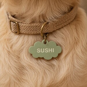 May include: A light beige woven fabric collar with a brass buckle and D-ring, featuring a matte sage green cloud-shaped pet identification tag. The tag is engraved with the name SUSHI in a clean, sans-serif font, centred on the cloud surface.