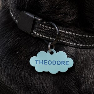 May include: A light blue cloud-shaped pet tag with the name THEODORE printed in dark blue letters. The tag is attached to a black woven collar with a reflective silver stripe, featuring a black plastic buckle and a metal D-ring for attachment.