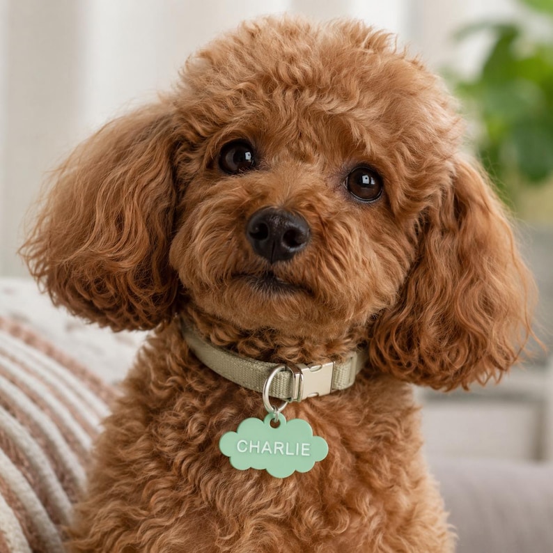 May include: A brown poodle wearing a pale green collar and a cloud-shaped tag. The tag reads "Charlie" in white. The dog has curly fur and dark eyes, with a soft, focused gaze.