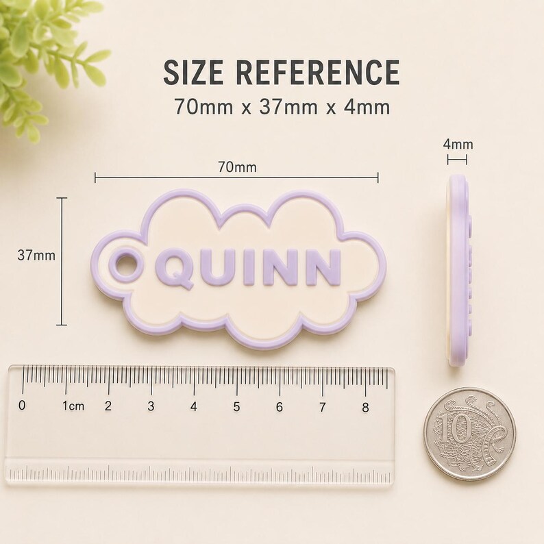 Pu&ograve; includere: Un'etichetta a forma di nuvola lilla chiaro e crema con il nome "QUINN". L'etichetta misura 70 mm x 37 mm x 4 mm. Un righello e una moneta sono inclusi come riferimento delle dimensioni. Il testo "SIZE REFERENCE" &egrave; in alto.