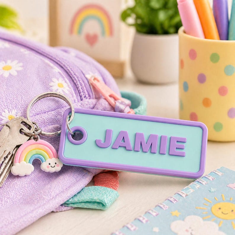 May include: A light blue rectangular keychain with the name "JAMIE" in purple letters. The keychain is attached to a keyring with keys and a rainbow charm. A purple daisy-patterned bag is in the background.