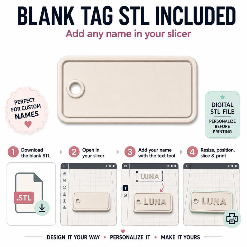 May include: A beige blank tag with a hole, with the text "BLANK TAG STL INCLUDED" and "Add any name in your slicer". The image shows the steps to personalize the tag with a name using a digital STL file.
