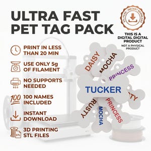 May include: A digital product pack of bone-shaped pet tags featuring the text ULTRA FAST PET TAG PACK, 3D PRINTING STL FILES, and 100 NAMES INCLUDED. The image displays white bone-shaped tags with names like TUCKER, DAISY, MOCHA, PRINCESS, and RUSTY printed in various colours.