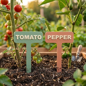May include: Two T-shaped garden markers made of matte plastic. The left marker is sage green with the white text TOMATO, and the right marker is terracotta orange with the white text PEPPER. Both are inserted into dark soil near plants.