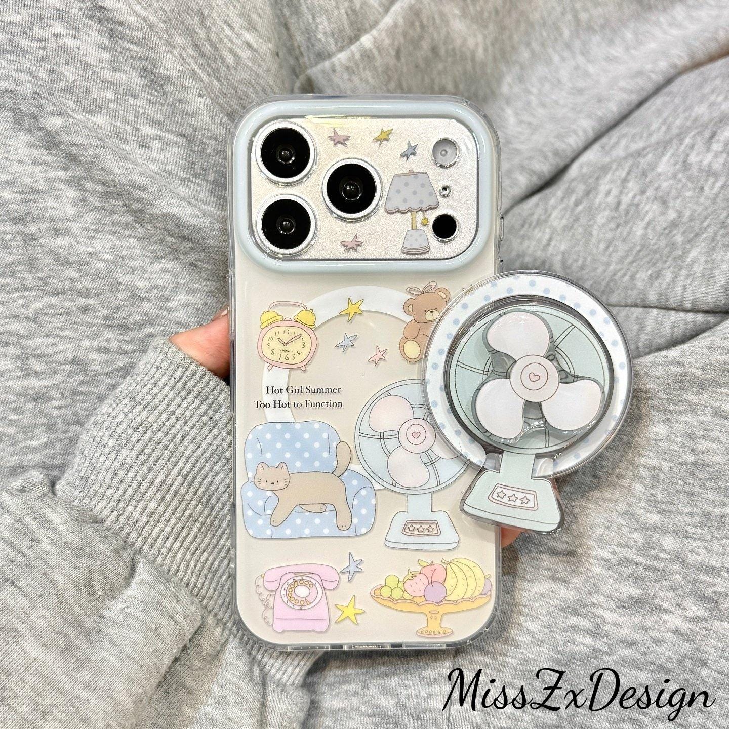 FRUITS　No.8 Pastel Summer Fan Cat Doodle Magsafe iPhone Case Set, Light Blue