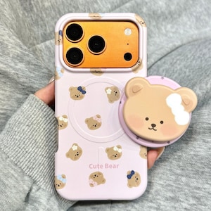 Pastel Pink Ditsy Bow Bear MagSafe Case, Matte Shockproof Hard Cover w/ 3D Cloud Bear Pop Socket for iPhone 17 16 15 14 13 Pro Max