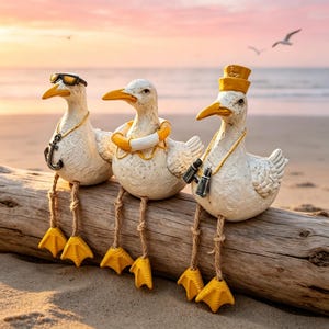 May include: Three whimsical seagull figurines perched on driftwood at the beach. Each white seagull has yellow feet and beak, and is accessorized with sunglasses, a life preserver, and binoculars. The seagulls are wearing necklaces.