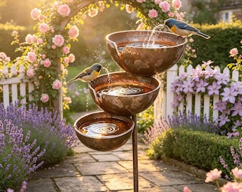 3-Tier Copper Rain Chain Bird Bath & Feeder, Handcrafted Garden Fountain, Bird-Friendly Outdoor Decor, Perfect Gift for Nature Lovers