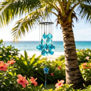 May include: A turquoise glass wind chime with a star-shaped accent hangs from a black metal ring. The chime features multiple turquoise glass pieces suspended by strings. The background includes a palm tree, ocean, and tropical flowers.