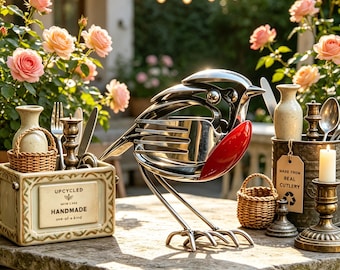 Upcycled Cutlery Metal Robin Sculpture, Handmade Bird Figurine,Rustic Garden Decor, Unique Gift for Bird Lovers, Recycled Art Ornament