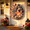 Rustic  Wooden Star Patriotic Wreath | USA 250th Independence Day Red White Blue Front Door Wreath, 4th of July Americana Farmhouse Decor
