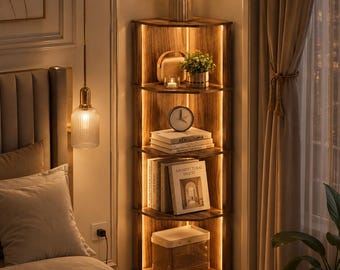 Mensola angolare con finitura noce e grigia, libreria in legno a 5 ripiani con luce LED, organizer salvaspazio per casa e ufficio.