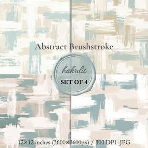 Peut inclure: Un ensemble de quatre papiers numériques avec un motif de coups de pinceau abstraits dans des tons vert sauge, beige et blanc. L'image contient le texte Abstract Brushstroke, hakulis, SET OF 4, et 12x12 inches (3600x3600px) / 300 DPI -JPG.
