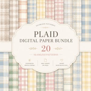 May include: A digital paper bundle featuring 20 seamless plaid patterns in various pastel colours including blue, yellow, pink, green, and beige. The central label displays the text Plaid Digital Paper Bundle, 20 Seamless Patterns, 3600 x 3600 px JPG Files, and 300 DPI High Resolution.