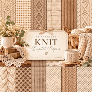 May include: A digital product display featuring a rectangular sign with a ribbon bow, labeled 12 SEAMLESS KNIT Digital Papers, 3000 x 3000 PX, 12 JPG, SEAMLESS. The background consists of various beige and brown knit fabric patterns.