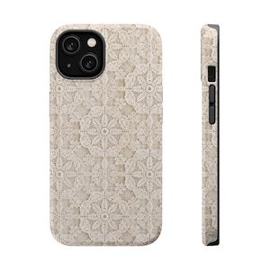 iPhone MagSafe Case | Ivory Crochet Lace Doily Pattern | Vintage Boho Print | Tough Phone Case