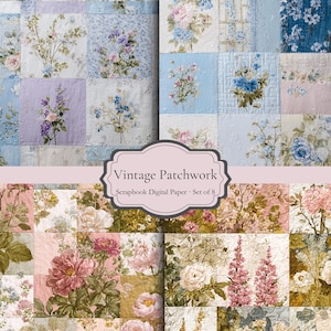 Paquet de papier numérique floral vintage patchwork, journal Cottagecore Junk (Ensemble de 8)