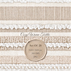 May include: A digital background featuring a woven textile pattern with alternating horizontal stripes of cream and beige fabric. The design includes textured white fringe and braided elements. Text reads: Cozy Woven Textile, Set Of 20, 3600x3600 px, 300 DPI, JPG.