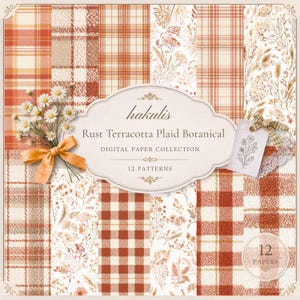 Può includere: Una collezione di carta digitale con 12 motivi in ruggine, terracotta e crema. I design includono vari quadri, vichy e illustrazioni botaniche di fiori selvatici. Un'etichetta centrale riporta la scritta hakulis Rust Terracotta Plaid Botanical.