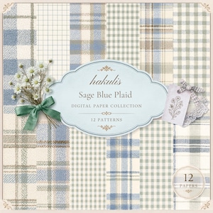 May include: A digital paper collection titled hakulis Sage Blue Plaid featuring 12 patterns with various plaid, gingham, and grid designs in shades of sage green, blue, and cream. Includes a bouquet of white daisies with a green ribbon and a tag.