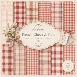 Könnte beinhalten: Eine digitale Papiersammlung mit 12 Mustern in Rot und Creme mit Karos und Schottenkaro. Das Bild zeigt den Text "hakulis French Check & Plaid DIGITAL PAPER COLLECTION 12 PATTERNS" sowie einen Strauß weißer Gänseblümchen und ein rosa Band.