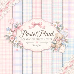 Pack de papiers numériques à carreaux pastel, ensemble de scrapbooking tartan doux (10 pages)