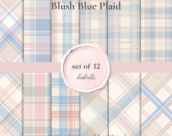Blush Blue Plaid Digital Paper Pack, Seamless Pastel Tartan & Cottage Linen
