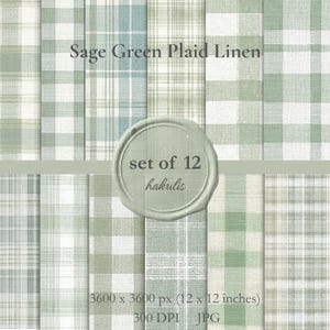 May include: A digital collection of twelve sage green plaid linen patterns featuring various checkered and striped designs. A central circular seal displays the text Sage Green Plaid Linen, set of 12, hakulis, 3600 x 3600 px, 12 x 12 inches, 300 DPI, JPG.