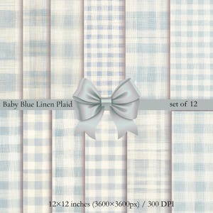 May include: A set of 12 digital paper sheets featuring baby blue and white linen plaid patterns. A large, centered light blue ribbon bow overlays the collection. The text reads Baby Blue Linen Plaid, set of 12, and 12x12 inches (3600x3600px) / 300 DPI.