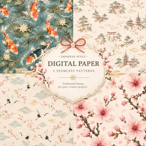 May include: A digital paper set featuring four seamless patterns: koi fish in a pond, Japanese architecture with cherry blossoms, flying cranes with clouds, and pink cherry blossom branches. The central label reads: JAPANESE STYLE DIGITAL PAPER 4 SEAMLESS PATTERNS Traditional beauty for your creative projects.